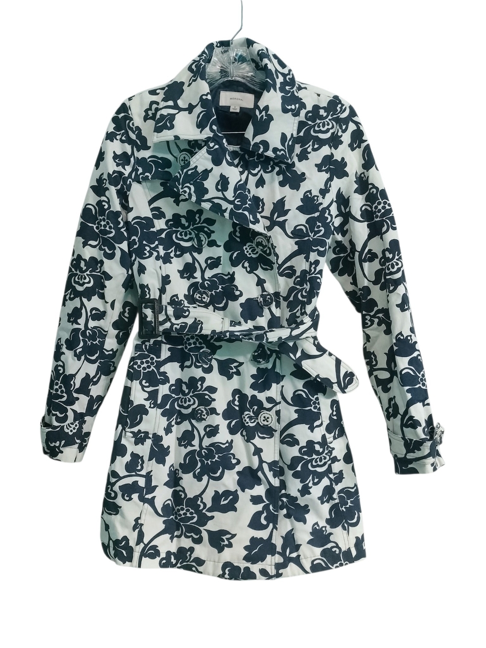 Merona Floral Trench Coat Navy Ivory Belted Cotton Jacket Women's S
